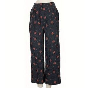 Farm Rio Strawberry Print Wide Leg Pants Small High Rise Black Red Boho Hippie